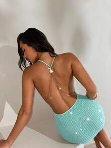 Aloruh Vestido mini con espalda descubierta, con lentejuelas, ganchillo y estampado de estrellas de mar y conchas, adecuado para fiestas y vacaciones, primavera/verano - verde menta - Ver 1