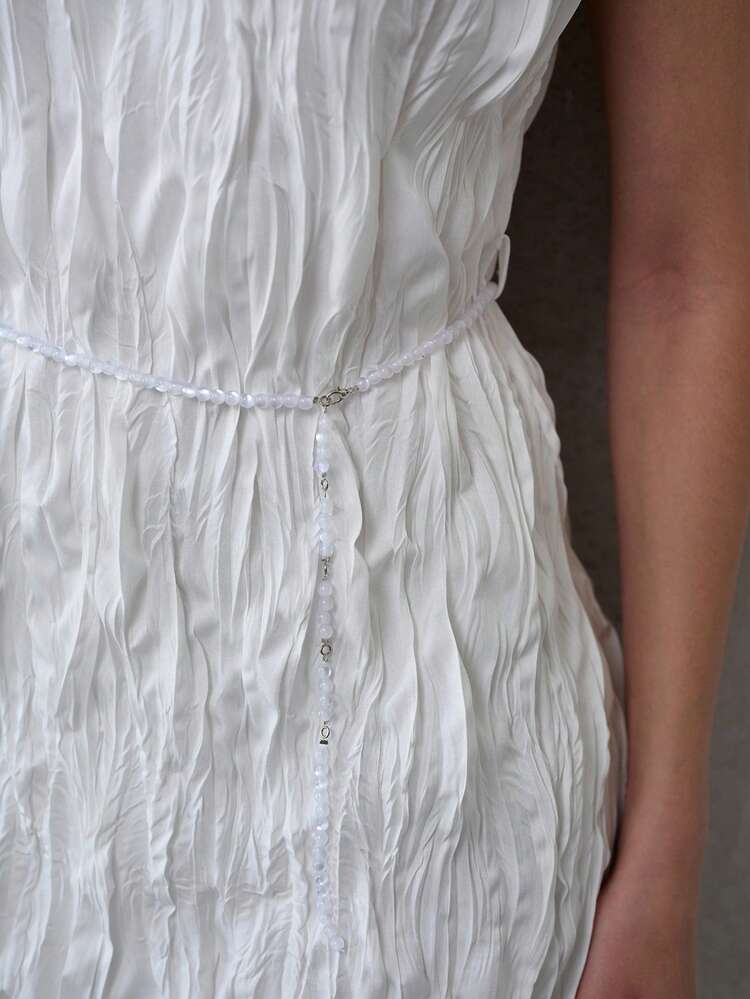 WOMEN'S RUCHED U-NECK SHORT DRESS WITH BEADED BELT, SPRING/SUMMER