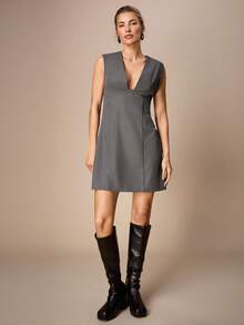 Maija Modern Urban Light Gray Deep V-Neck Sleeveless Mini Dress For Women - Grey - View 3