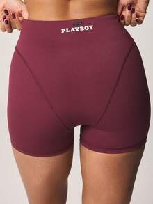 Missguided x Playboy High Waisted Athletic Shorts With Logo Detail For Activewear Training Fitness - Burgundy - View 2