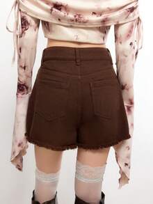 Bloopia Quần short nữ cạp thấp, rách gấu, có túi hộp, thích hợp cho mùa hè. - màu nâu - Xem 2