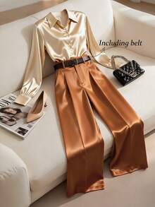 Franclia 女士优雅休闲长袖衬衫和裤子两件套 - 杏色 - 查看 5