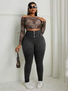 Slaydiva Plus Size Casual Washed High Waist Slim Fit Jeans - Dark Grey - View 5