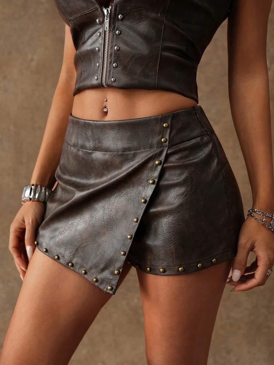SHEIN ICON Shorts de mujer con dobladillo asimétrico, de moda y sexy - Marrón - Ver 1