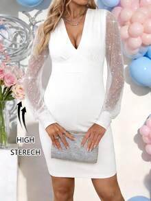SHEIN 孕妇时尚派对网纱拼接修身牛仔连衣裙 - 白色 - 查看 1