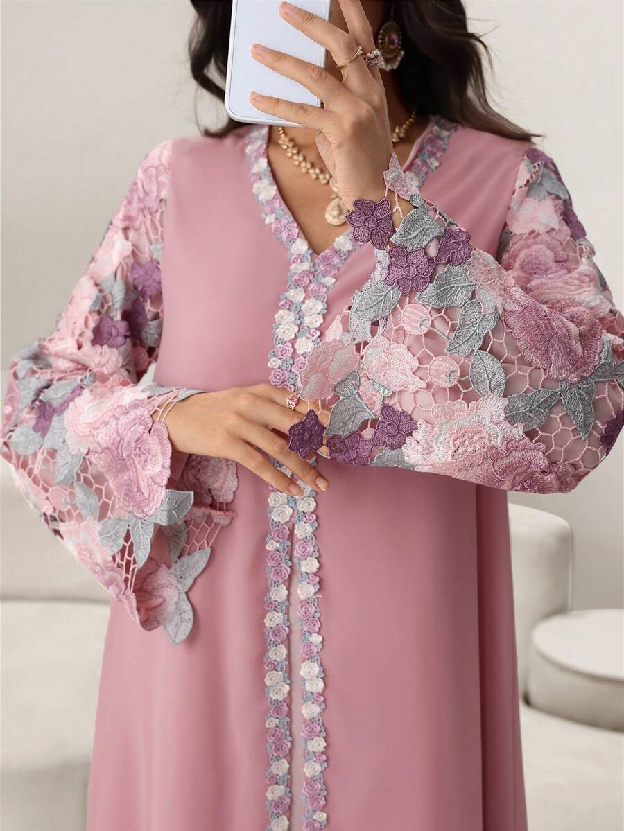 Al Najma V-Neck Lace Patchwork Long Dress,  Style Maxi Gown - Pink - View 1