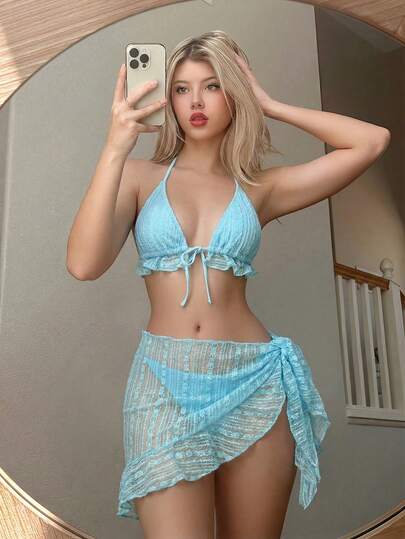 Swim Mod 3pcs Women's Solid Color Sexy Ruffle Halter Tie Triangle Bikini Set