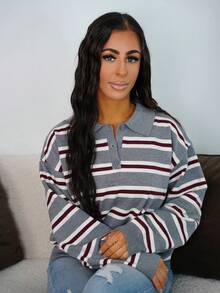 SAYEHFBABY Women's Autumn Retro Striped Turtleneck Sweater - Dark Grey - View 4