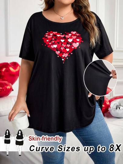 SHEIN CURVE+ CURVE PLUS /Valentine's Day/Plus Size Valentine's Day Heart Print Short Sleeve T-Shirt Plus Size Tees Cute Tops Plus Size 8xl Women Clothes Plus Size Casual Tops Plus Size T Shirt