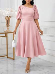 SHEIN Lady Gaun Pesta Elegan Wanita dengan Dekorasi Bunga 3D, Panjang Sedang - Berwarna merah muda - View 6