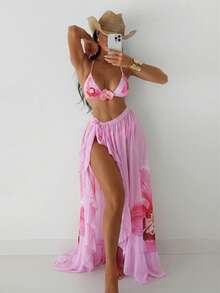 Swim SXY 女士夏季沙滩泳装三件套，粉色碎花吊带上衣、比基尼泳裤和长裙，性感泳装 - 粉色 - 查看 1