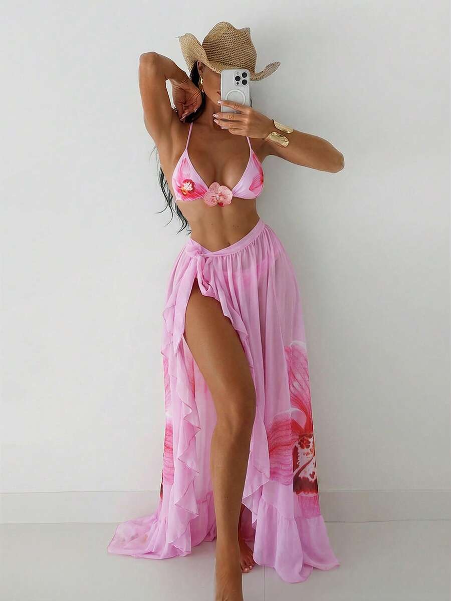 Swim SXY 女士夏季沙滩泳装三件套，粉色碎花吊带上衣、比基尼泳裤和长裙，性感泳装 - 粉色 - 查看 1