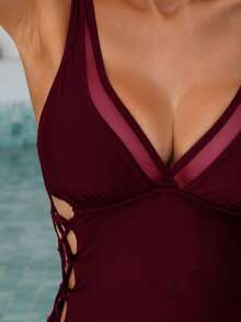 Swim Basics 1件装女士纯色网纱拼接系带连体沙滩装 - 酒紅色 - 查看 3