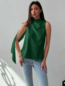 Aloruh Minimalist Commuter Sleeveless Ruched H-Line White Woven Blouse For Women, Spring/Summer - Dark Green - View 4