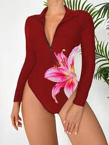 Swim SPRTY 1件女士花卉图案印花长袖高领休闲冲浪衫 - 紅色 - 查看 1