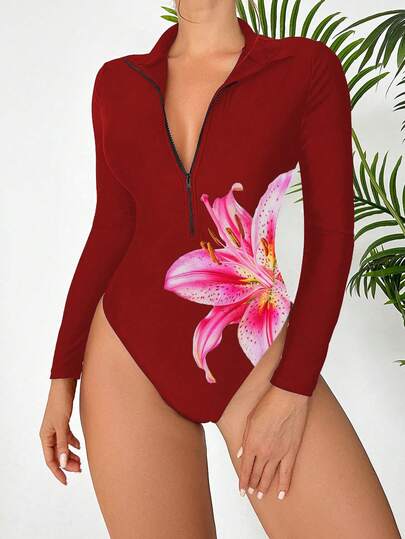 Swim SPRTY 1 pieza Camisa casual de surf de cuello alto con manga larga y estampado floral para mujer