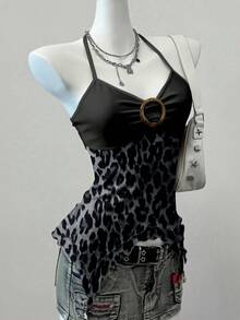 SHEIN EZwear Women's Fashionable Leopard Print Mesh Halter Top - Multicolor - View 7