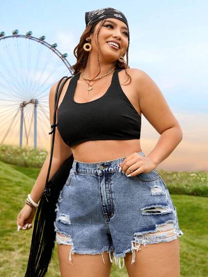 SHEIN CURVE+ 大码休闲破洞毛边牛仔短裤