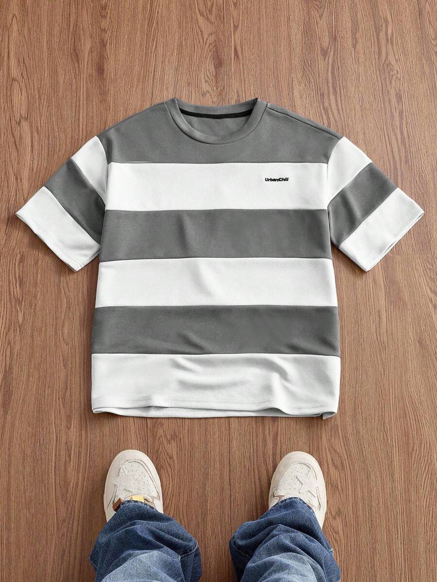 SWAVVY 男士休闲条纹短袖圆领T恤，夏季 - 灰色 - 查看 1