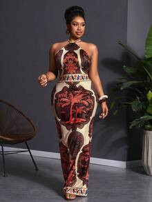 Slaydiva 2025 New Arrival Vacation Suitable For Spring & Summer, Orange Versatile Daily Casual All-Match Beach Halter Tie Waist Abstract Gradient Geometric Print High Slit One-Sided Slit Dress - Multicolor - View 4