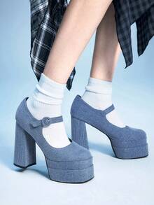 Sugerpunk Tacones altos elegantes y de plataforma impermeables de unicolor para ir al trabajo - Azul - Ver 6