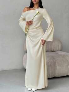 Aloruh V 领褶皱喇叭袖超长紧身连衣裙，优雅款式，粉色，适合情人节 - 杏色 - 查看 6