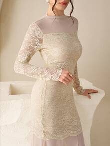 Modelyn 女士网纱撞色蕾丝长袖修身鱼尾连衣裙 - 杏色 - 查看 6