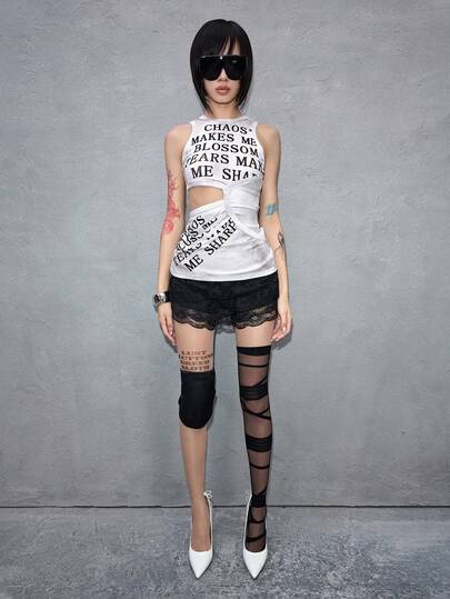 ROMWE Avant Fashionable Hollow Slogan English Print Women Tank Top