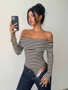 Aloruh Áo liền thân tay dài in họa tiết sọc, hở vai, thời trang nữ. - Cà phê nâu - Xem 6