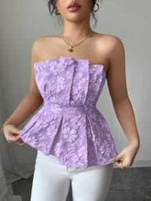 Rafferiza 女士奢华优雅花卉抹胸不对称上衣 - 紫色 - 查看 4