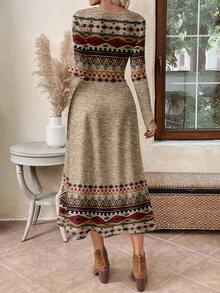 EMERY ROSE 大码女式休闲优雅长袖印花连衣裙，适合秋冬季节穿着，复古印花 - 卡其色 - 查看 7