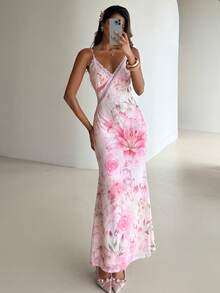 Aloruh 女士优雅性感V领蕾丝拼接修身腰部印花沙滩裙 - 彩色 - 查看 5