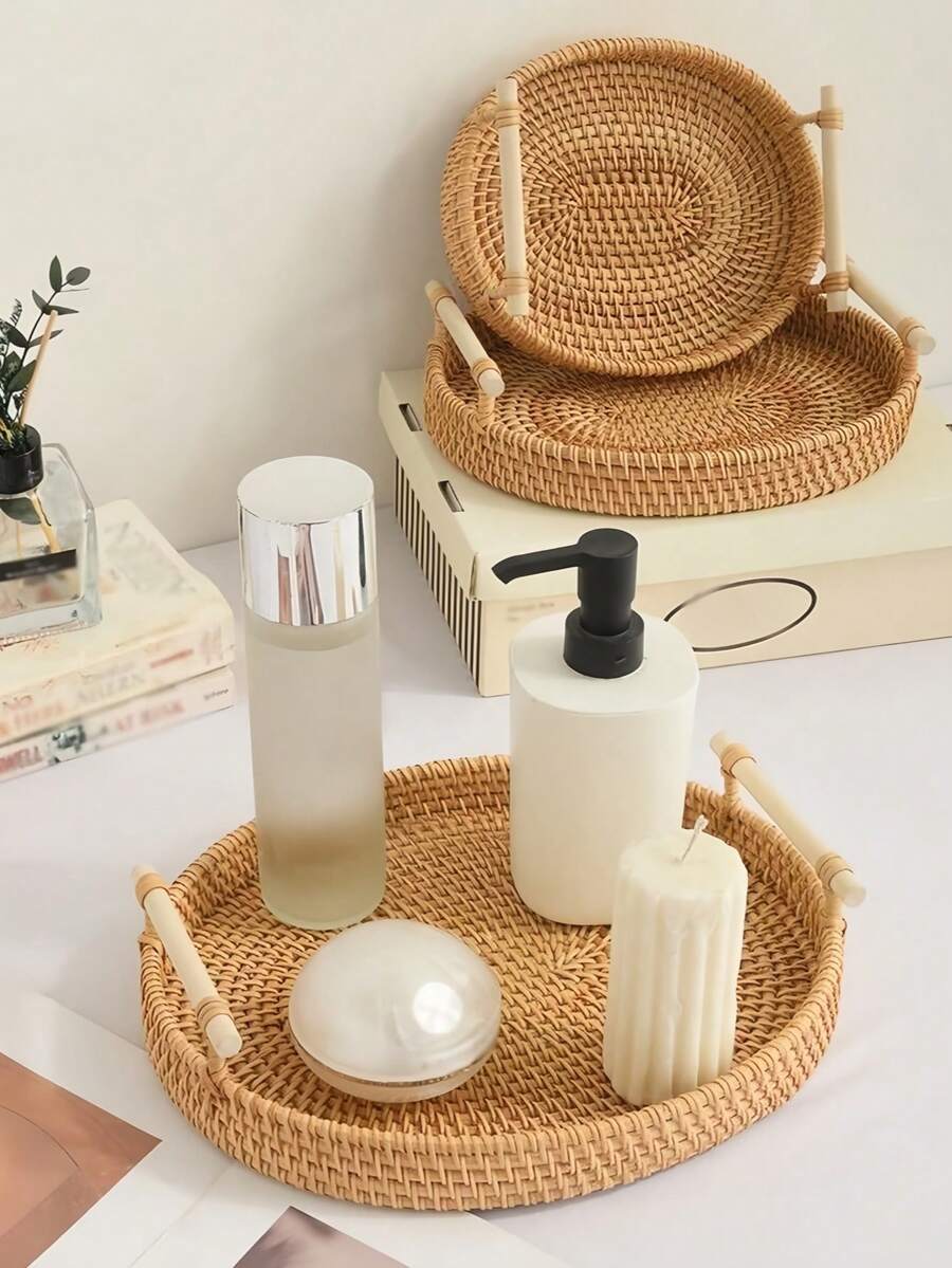 1 Bandeja de almacenamiento grande de dos niveles hecha a mano de ratán y bambú trenzado de estilo vietnamita, de color natural, estilo japonés, cesta de frutas, plato para desayuno, brunch, fiesta, decoración del hogar, regalo de boda, campo, cocina rústica - Camel - Ver 1