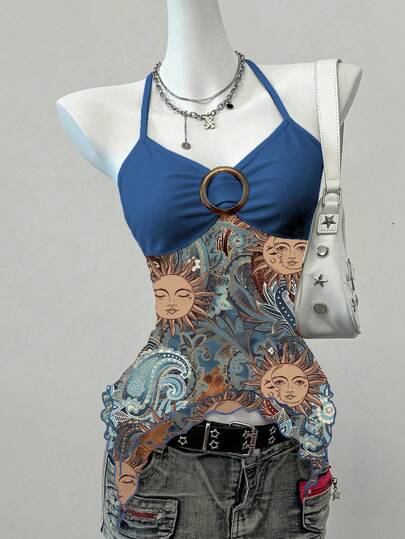 Attitoon Camiseta informal de mujer con estampado de anacardo y dobladillo asimétrico decorado