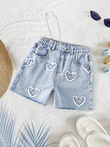 Tween Girl Heart Print Long Sleeve Top And Button Pocket Denim Shorts Casual Outfit - Light Wash - View 1