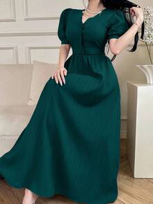 Feyla Women's Solid Color V-Neck Ruffle Sleeve Elegant Long Dress - Lake Blue - View 3