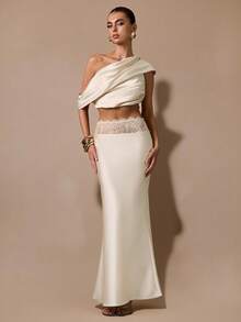 SHEIN BAE 杏色优雅蕾丝拼接缎面鱼尾裙，适合派对、鸡尾酒会、生日、伴娘、婚礼宾客等场合，秋冬季穿着。 - 杏色 - 查看 3