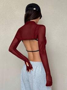 SHEIN EZwear Black Sheer Mesh Mock Neck Tight Top - Burgundy - View 2