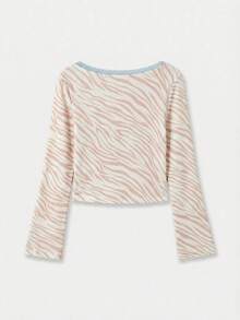 lacRébo 斑马纹长袖上衣，粉色蕾丝边饰，纽扣开襟，秋季女装，秋季穿搭，秋冬女装 - 卡其色 - 查看 8