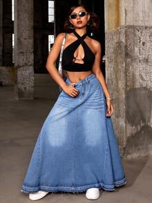 Jeanoix Women's Casual Frayed Hem Long Denim Skirt - Light Wash - View 5