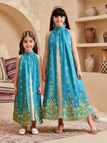 Tween Girl Loose Elegant Small Stand Collar Sleeveless Pattern Patchwork Solid Color Long Dress Tween Girl - Green - View 6