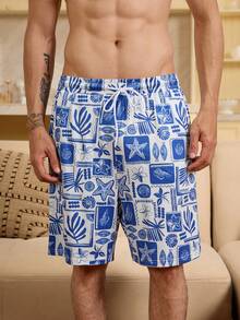Velminro Men's Summer Vacation Drawstring Waist All-Over Print Loungewear Bottoms - Blue and White - View 4