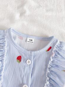 SHEIN Vintaside Kids Summer Newborn Baby Girl Apricot Round Neck Ruffle Cartoon Cherry Print Sleeveless Red Bow Dress With Red Hat Elegant And Cute - Blue - View 7