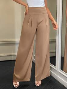 Modelyn Women's Solid High Waist Pleated Wide Leg Palazzo Pants,Khaki,Autumn,Elegant Unique,Elegant,Office Silk Loose Casual Brown Pants For Women - Apricot - View 5