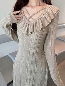 FRIFUL Women's Textured Fabric Ruffle Trim Long Fitted Dress Wedding Guest Dress - Apricot - View 6