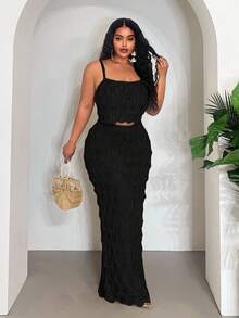 Veslaya 2025 New Sexy/Vacation/Elegant Sleeveless Hollow-Out Cropped Top And Bodycon Maxi Skirt Set - Black - View 1