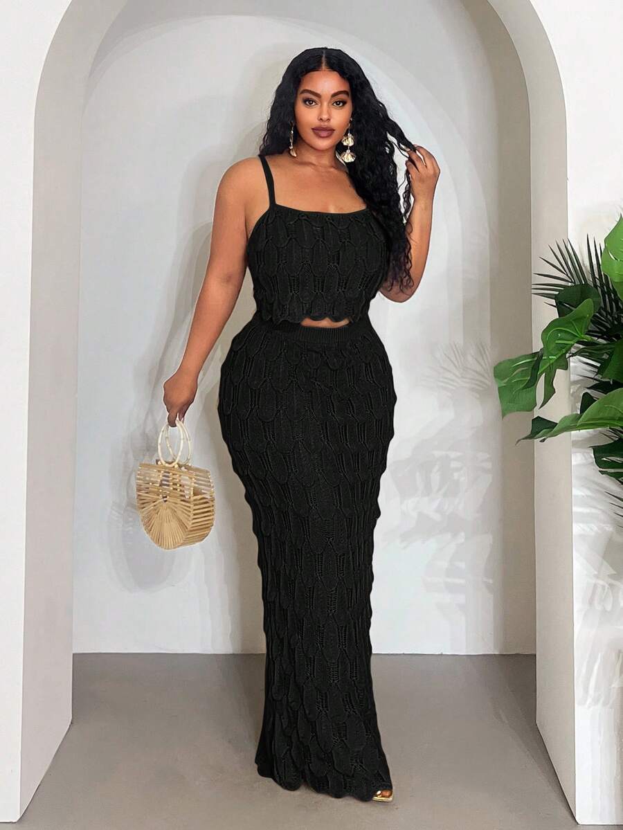 Veslaya 2025 New Sexy/Vacation/Elegant Sleeveless Hollow-Out Cropped Top And Bodycon Maxi Skirt Set - Black - View 1