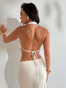 Aloruh 杏色性感露背吊带背心，带金属扣装饰 - 杏色 - 查看 4