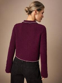 Maija Áo khoác cardigan dệt kim dài tay mỏng nhẹ màu trơn dành cho nữ, trang trí giả ngọc trai. - Màu Đỏ Sâu - Xem 3
