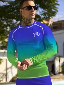 Manfinity KASUA 男士圆领插肩袖渐变色休闲舒适透气长袖冲浪T恤 - 水鴨藍 - 查看 4